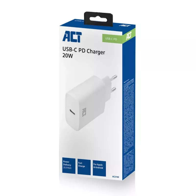 ACT kompaktiškas USB-C įkroviklis 20 W greitas įkrovimas vidaus universalus baltas