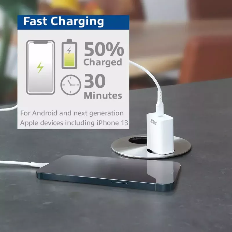 ACT kompaktiškas USB-C įkroviklis 20 W greitas įkrovimas vidaus universalus baltas