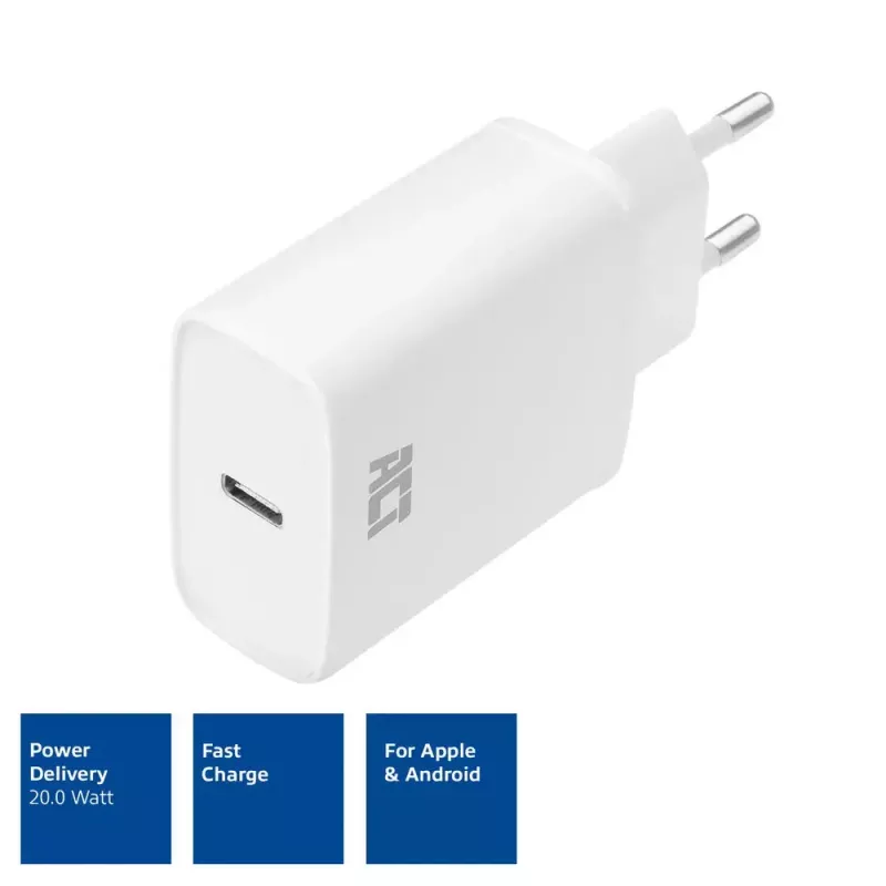 ACT kompaktiškas USB-C įkroviklis 20 W greitas įkrovimas vidaus universalus baltas