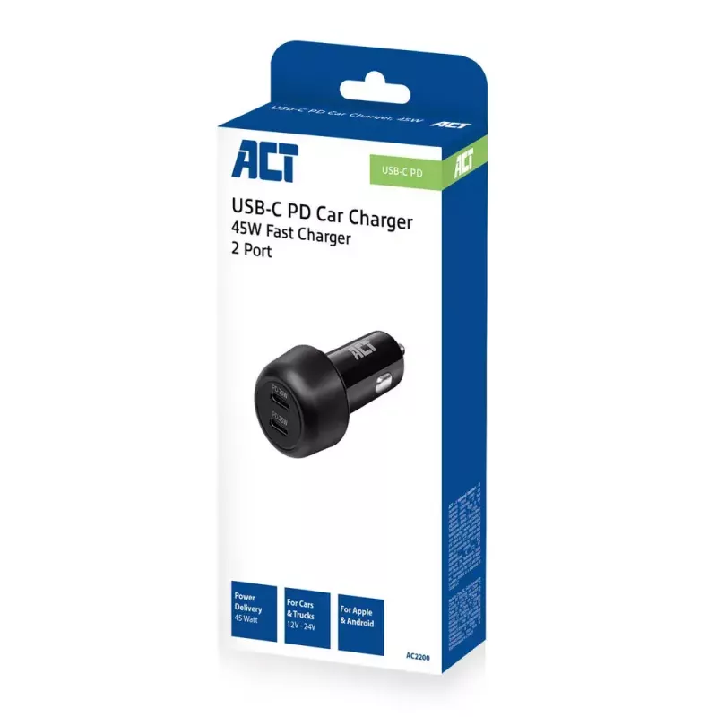 Automobilinis įkroviklis ACT 2 prievadų USB-C greitasis 45 W maitinimo tiekimas juodas