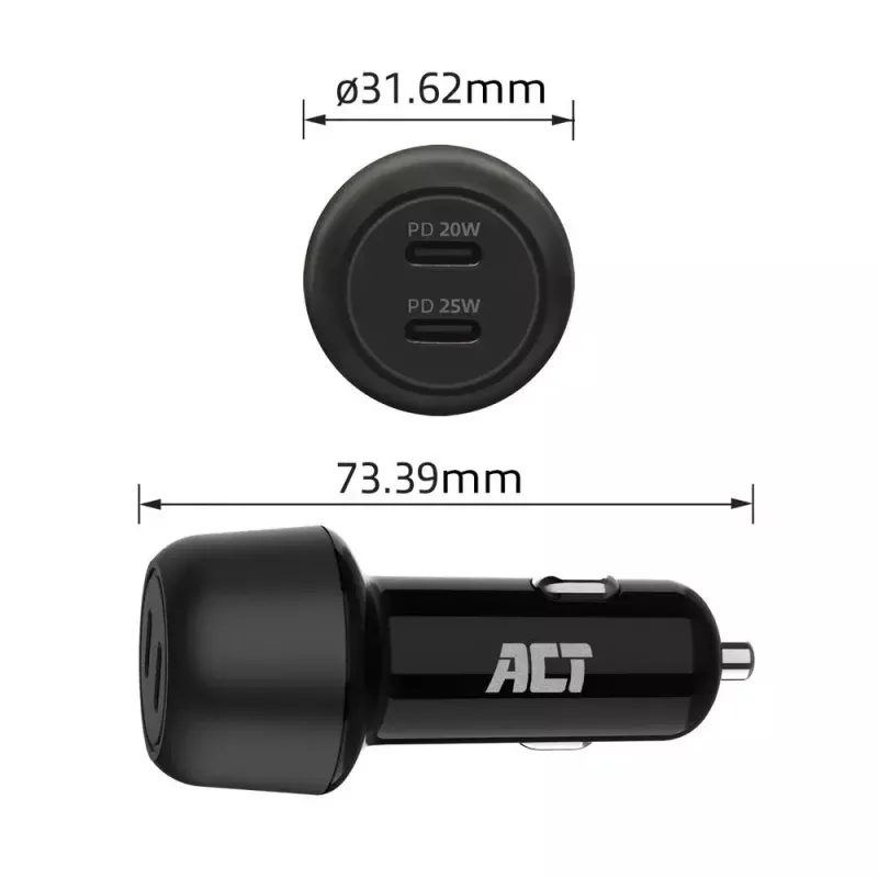 Automobilinis įkroviklis ACT 2 prievadų USB-C greitasis 45 W maitinimo tiekimas juodas