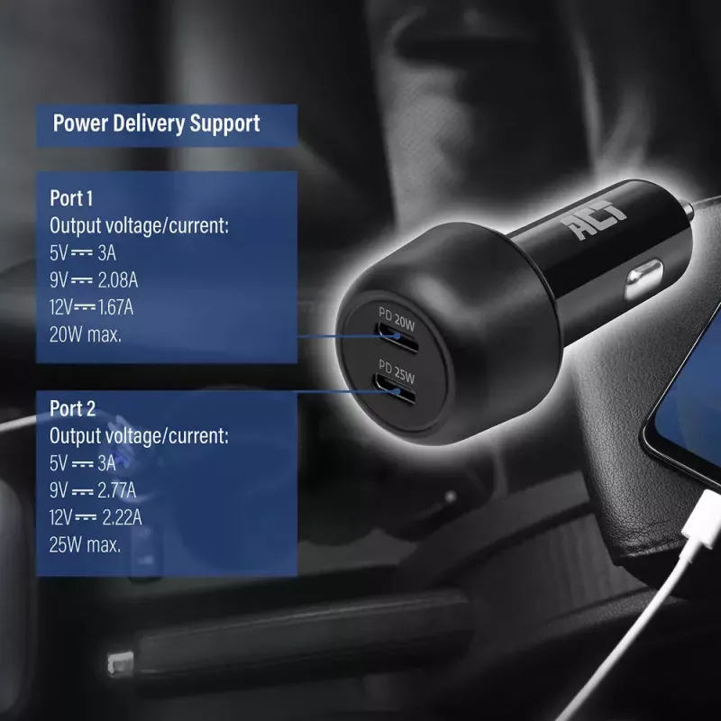 Automobilinis įkroviklis ACT 2 prievadų USB-C greitasis 45 W maitinimo tiekimas juodas