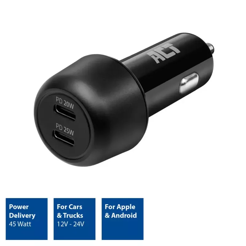 Automobilinis įkroviklis ACT 2 prievadų USB-C greitasis 45 W maitinimo tiekimas juodas