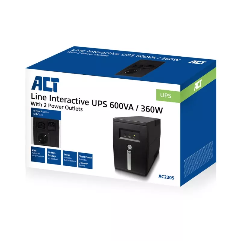 ACT Line Interactive UPS 600 VA - 360W su AVR, Line-Interactive, 0.6 kVA, 360 W, 240 V, apsauga nuo perkrovimo, per didelio iškrovimo, perkrovos, trumpojo jungimo, C13 jungtis, F tipo lizdas