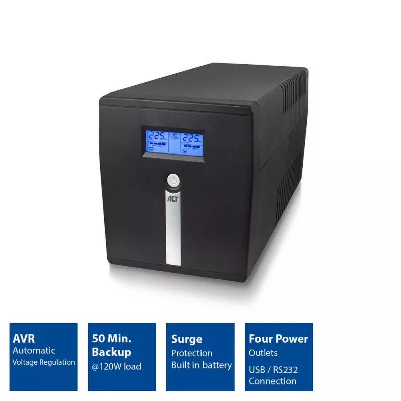 ACT Line Interactive UPS 1000VA - 600W su AVR, LCD ekranas