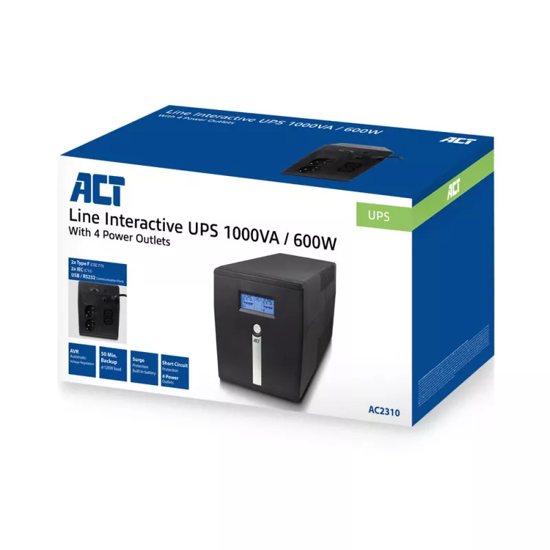 ACT Line Interactive UPS 1000VA - 600W su AVR, LCD ekranas