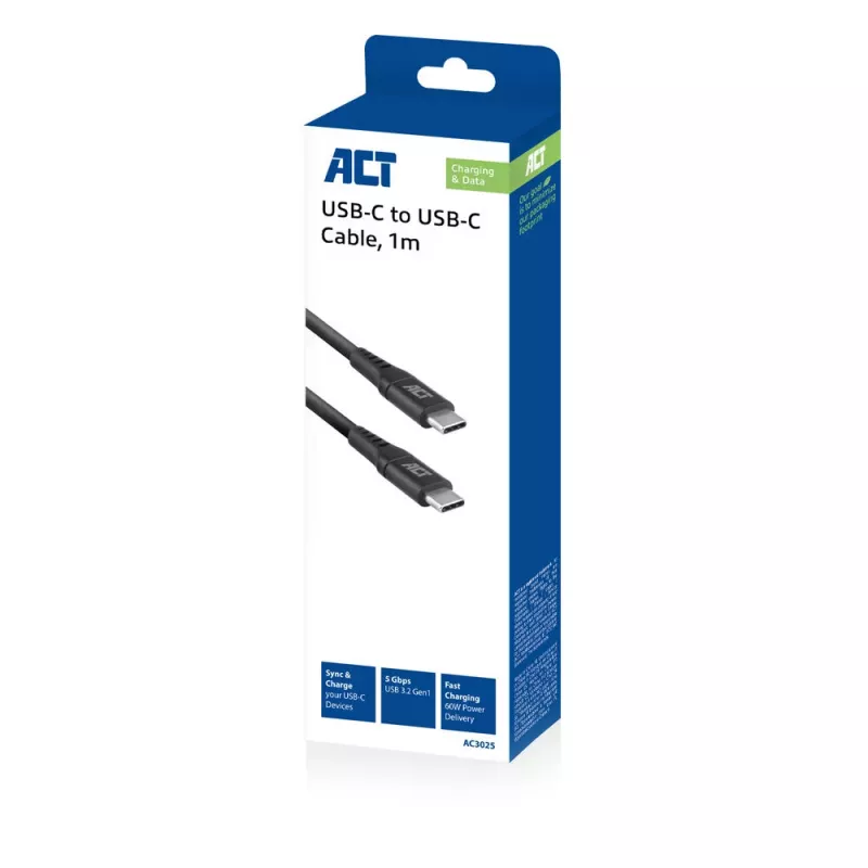 ACT USB 3.2 Gen1 įkrovimo/duomenų laidas C tipo kištukas - C tipo kištukas 1 metras