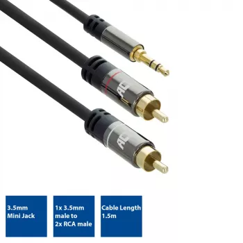 Garso kabelis ACT AC3605 1,5 m 3,5 mm į 2 x RCA juodas
