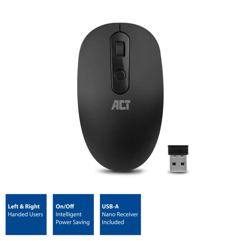 ACT Belaidis pelė 1200 DPI, abiem rankoms tinkama, RF belaidė, 1200 DPI, juoda
