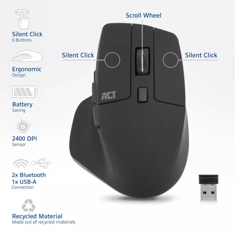 Belaidė daugiafunkcinė pelė ACT su Bluetooth arba USB-A imtuvu, 2400 DPI, tyliu spragtelėjimu, ekologiška