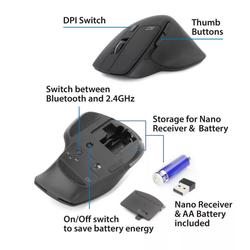 Belaidė daugiafunkcinė pelė ACT su Bluetooth arba USB-A imtuvu, 2400 DPI, tyliu spragtelėjimu, ekologiška