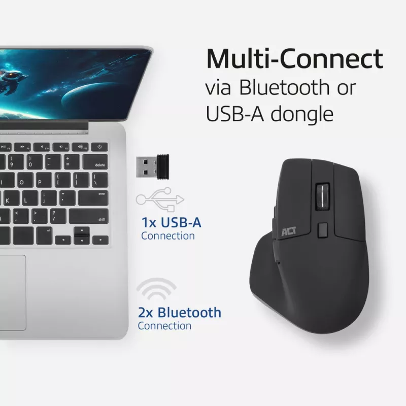 Belaidė daugiafunkcinė pelė ACT su Bluetooth arba USB-A imtuvu, 2400 DPI, tyliu spragtelėjimu, ekologiška