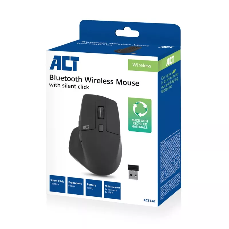 Belaidė daugiafunkcinė pelė ACT su Bluetooth arba USB-A imtuvu, 2400 DPI, tyliu spragtelėjimu, ekologiška