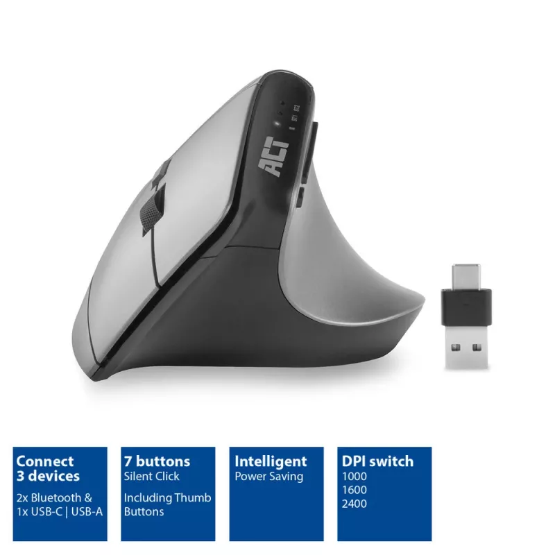 ACT belaidė ergonomiška pelė su Bluetooth ir USB-C/USB-A