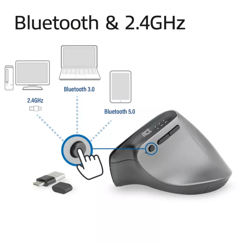 ACT belaidė ergonomiška pelė su Bluetooth ir USB-C/USB-A