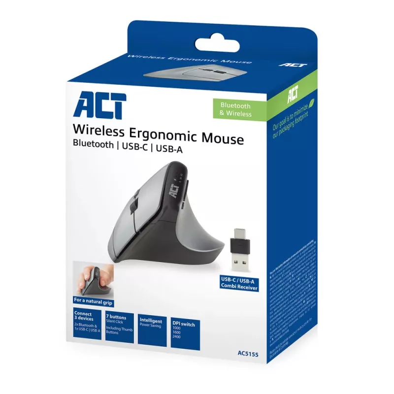 ACT belaidė ergonomiška pelė su Bluetooth ir USB-C/USB-A