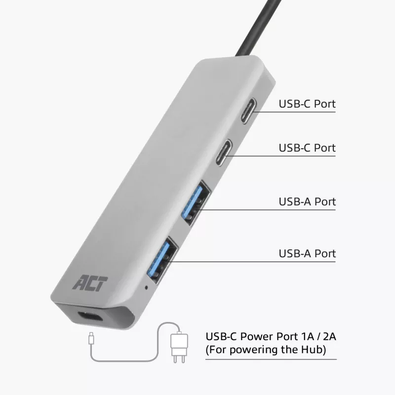 USB šakotuvas ACT AC6125 3.2 Gen 1 Type-A 5000 Mbit/s Pilkas