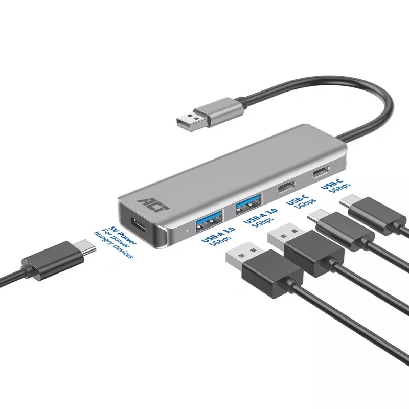 USB šakotuvas ACT AC6125 3.2 Gen 1 Type-A 5000 Mbit/s Pilkas