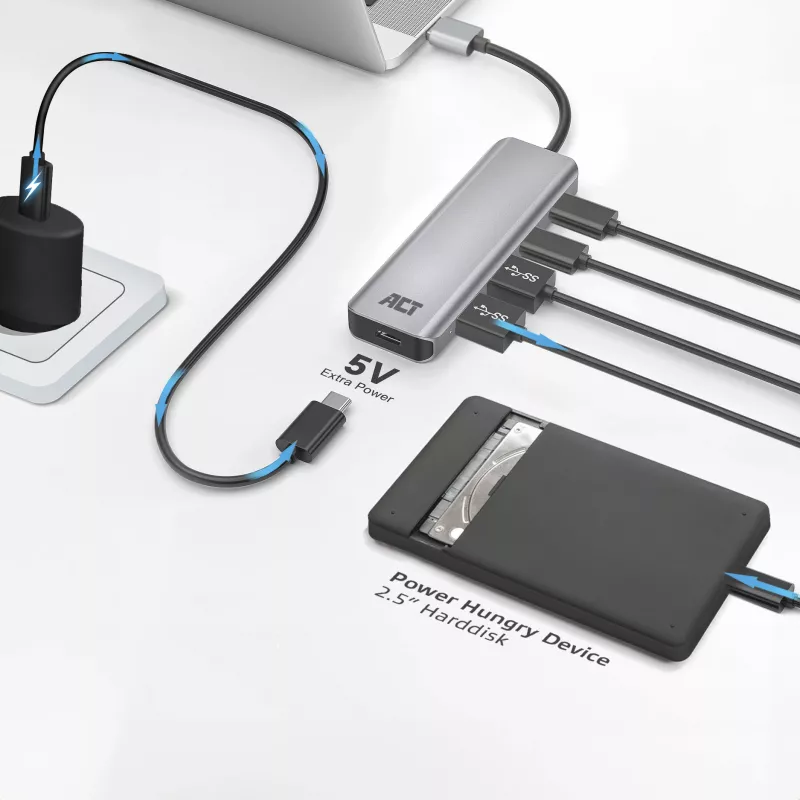 USB šakotuvas ACT AC6125 3.2 Gen 1 Type-A 5000 Mbit/s Pilkas