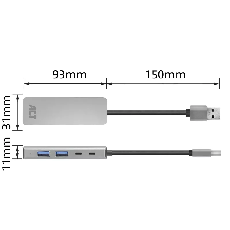 USB šakotuvas ACT AC6125 3.2 Gen 1 Type-A 5000 Mbit/s Pilkas