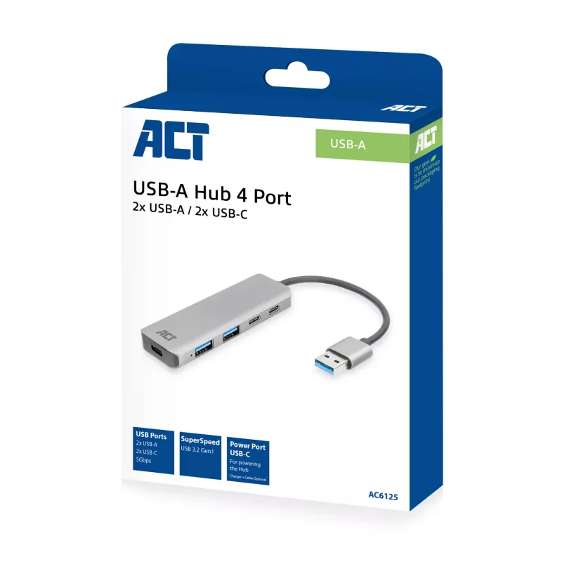 USB šakotuvas ACT AC6125 3.2 Gen 1 Type-A 5000 Mbit/s Pilkas