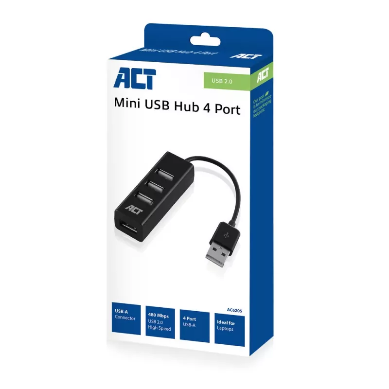 USB šakotuvas ACT AC6205 2.0 480 Mbit/s Juodas 0,12 m