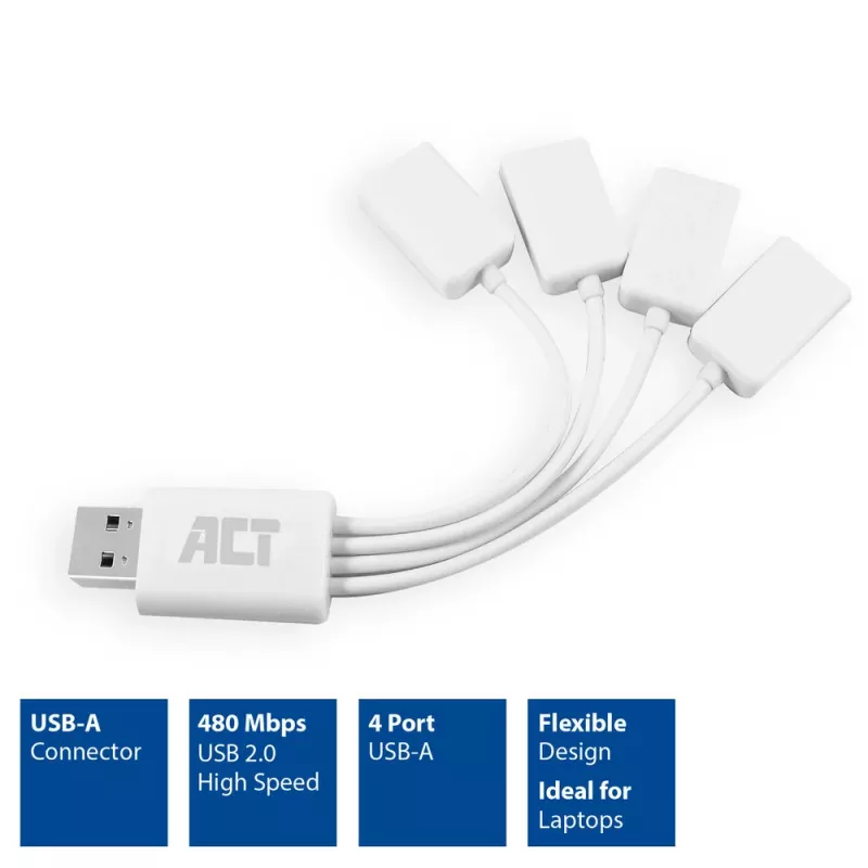 ACT USB šakotuvas 4 prievadų USB-A lankstus USB 3.2 Gen 1 baltos spalvos 480 Mbit/s