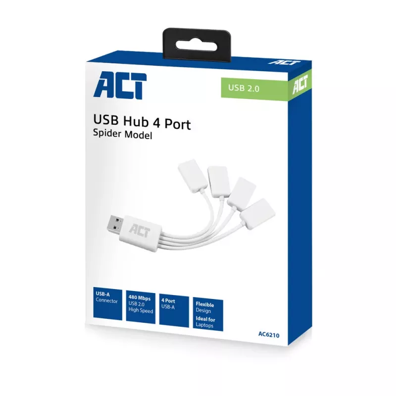 ACT USB šakotuvas 4 prievadų USB-A lankstus USB 3.2 Gen 1 baltos spalvos 480 Mbit/s