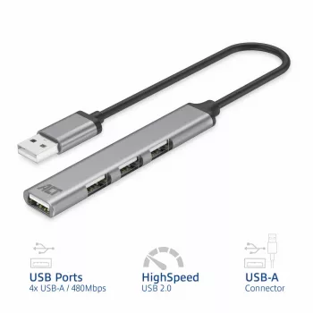 ACT AC6225 USB 2.0 šakotuvas 480 Mbit/s Pilkas Aliuminis