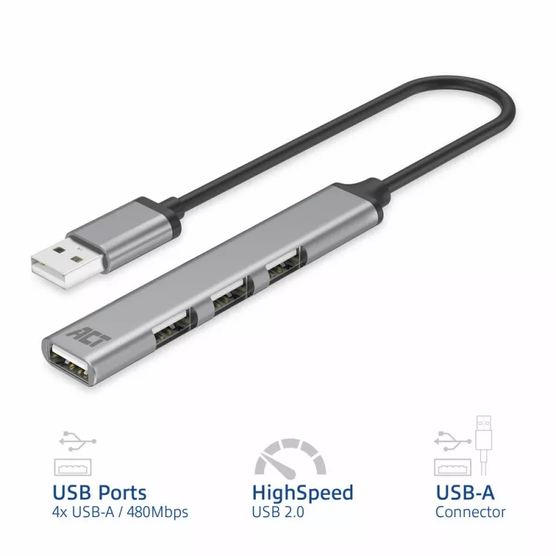 ACT AC6225 USB 2.0 šakotuvas 480 Mbit/s Pilkas Aliuminis
