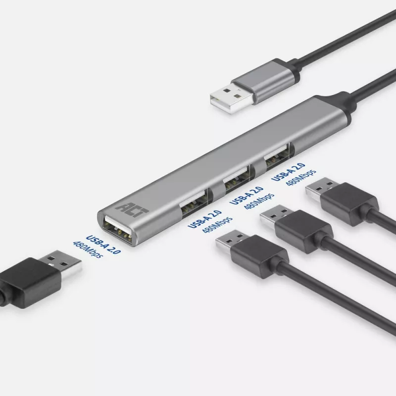 ACT AC6225 USB 2.0 šakotuvas 480 Mbit/s Pilkas Aliuminis