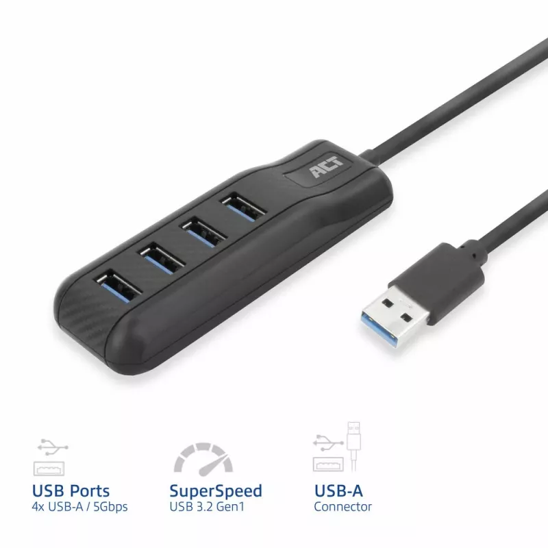 ACT AC6320 sąsajos šakotuvas USB 3.2 Gen 1 (3.1 Gen 1) Type-A 5000 Mbit/s Juoda