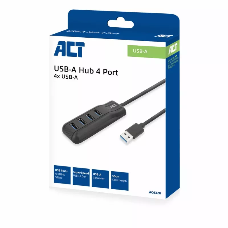 ACT AC6320 sąsajos šakotuvas USB 3.2 Gen 1 (3.1 Gen 1) Type-A 5000 Mbit/s Juoda