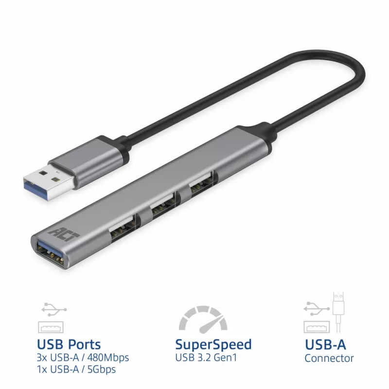 ACT AC6325 USB 3.2 Gen 1 Type-A šakotuvas 5000 Mbit/s Pilka