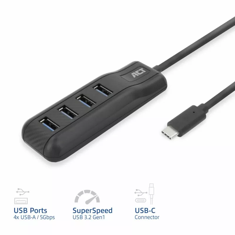 ACT AC6420 sąsajos šakotuvas USB 3.2 Gen 1 (3.1 Gen 1) Type-C 5000 Mbit/s juodas