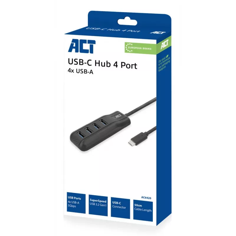 ACT AC6420 sąsajos šakotuvas USB 3.2 Gen 1 (3.1 Gen 1) Type-C 5000 Mbit/s juodas