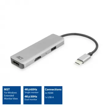 ACT USB-C 4K kelių prievadų adapteris 2 HDMI monitoriams, USB-A duomenų prievadas