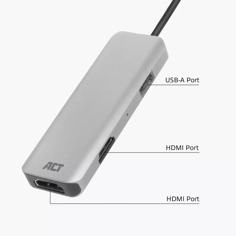 ACT USB-C 4K kelių prievadų adapteris 2 HDMI monitoriams, USB-A duomenų prievadas