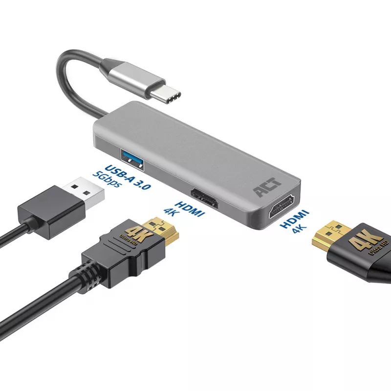 ACT USB-C 4K kelių prievadų adapteris 2 HDMI monitoriams, USB-A duomenų prievadas