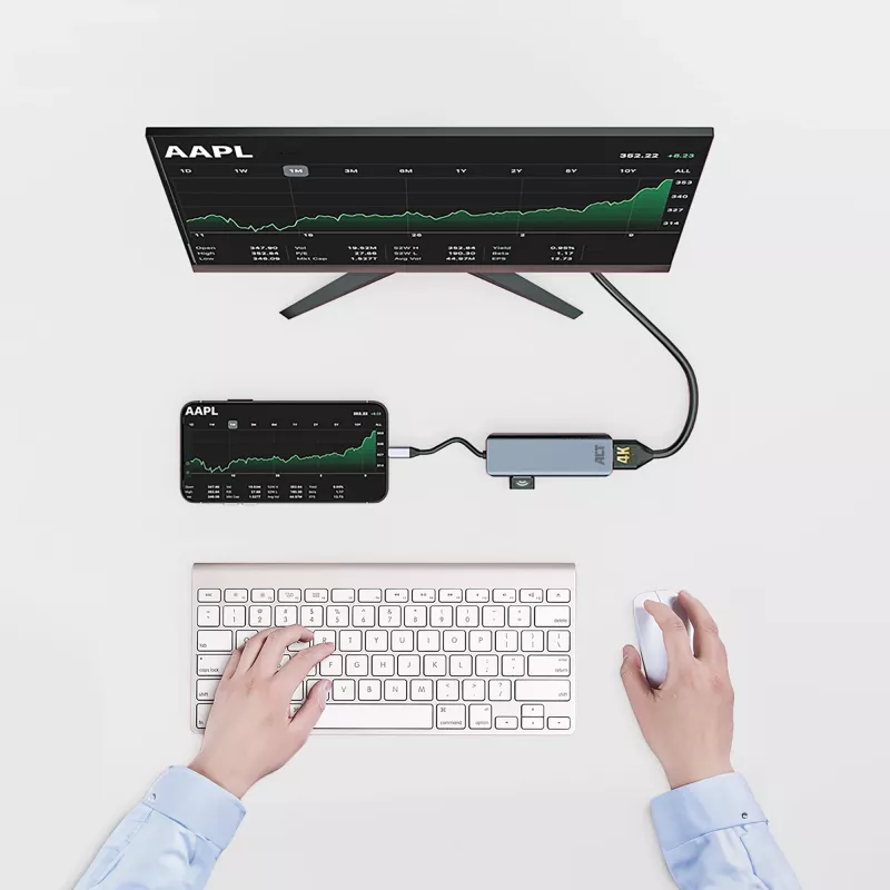 ACT USB-C 4K kelių prievadų adapteris 2 HDMI monitoriams, USB-A duomenų prievadas