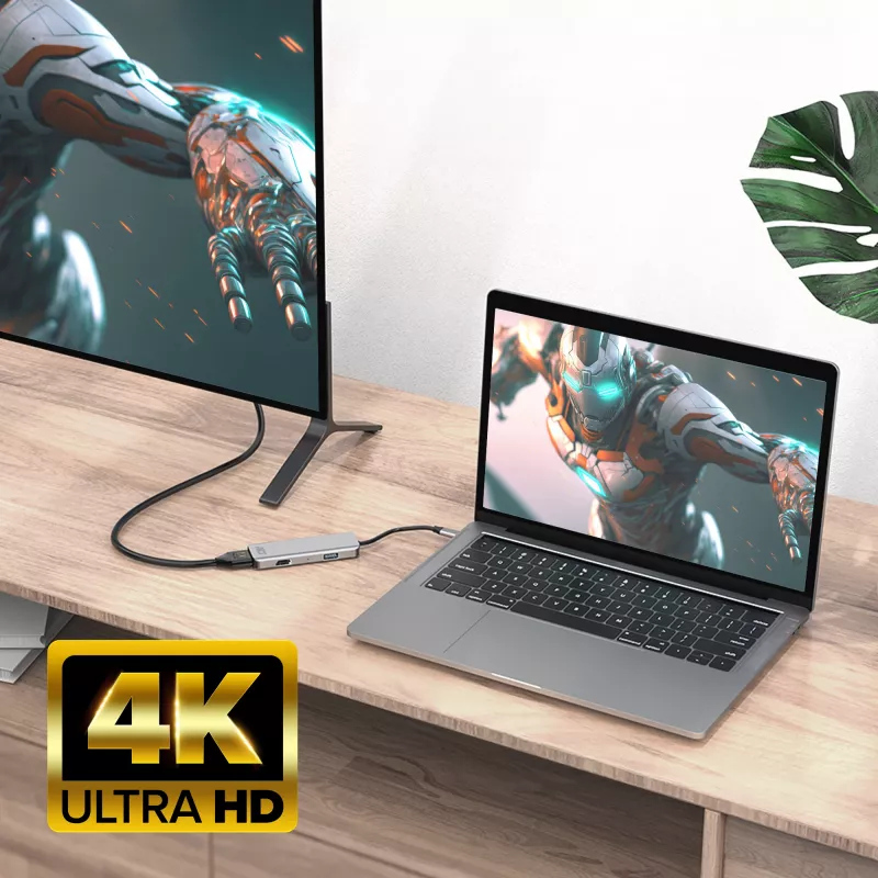 ACT USB-C 4K kelių prievadų adapteris 2 HDMI monitoriams, USB-A duomenų prievadas