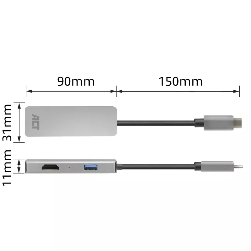 ACT USB-C 4K kelių prievadų adapteris 2 HDMI monitoriams, USB-A duomenų prievadas
