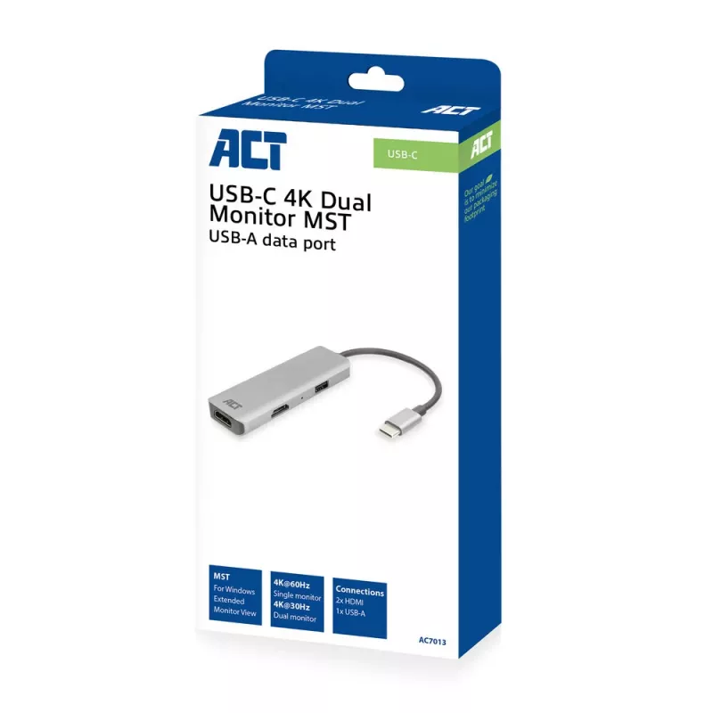 ACT USB-C 4K kelių prievadų adapteris 2 HDMI monitoriams, USB-A duomenų prievadas