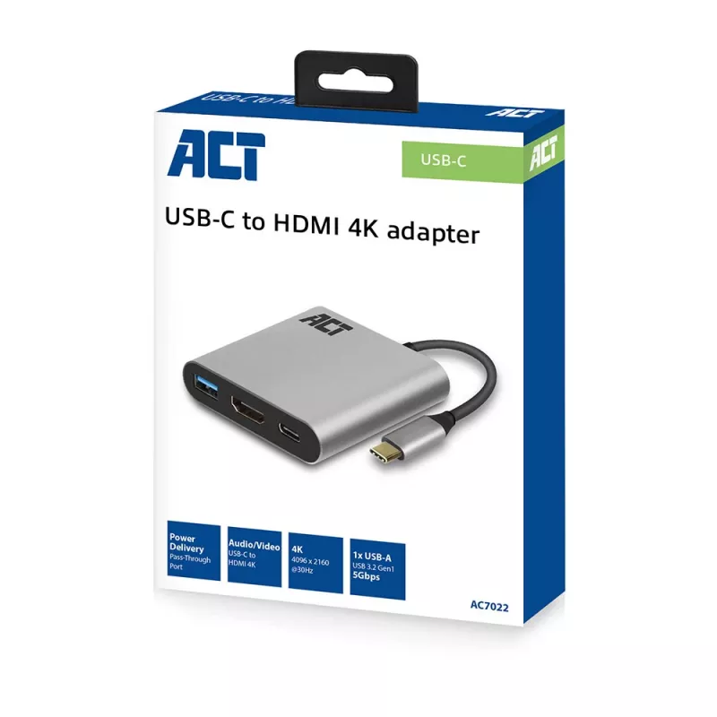 ACT USB-C daugiafunkcis adapteris 1 HDMI monitoriui, 1x USB-A, PD pralaidumas