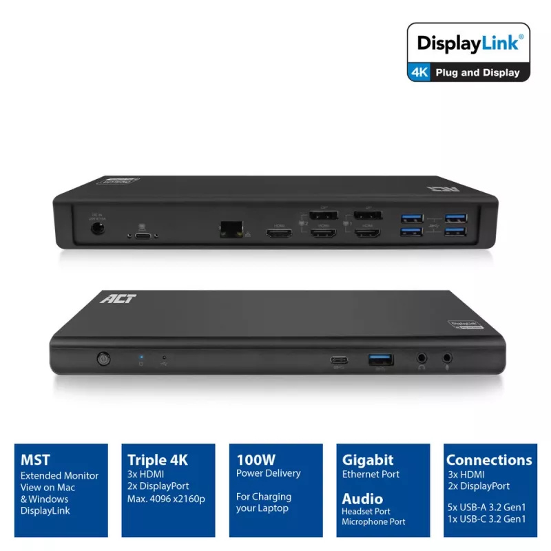 ACT USB-C dokavimo stotelė 4K, skirta 2 arba 3 HDMI/DisplayPort monitoriams, DisplayLink