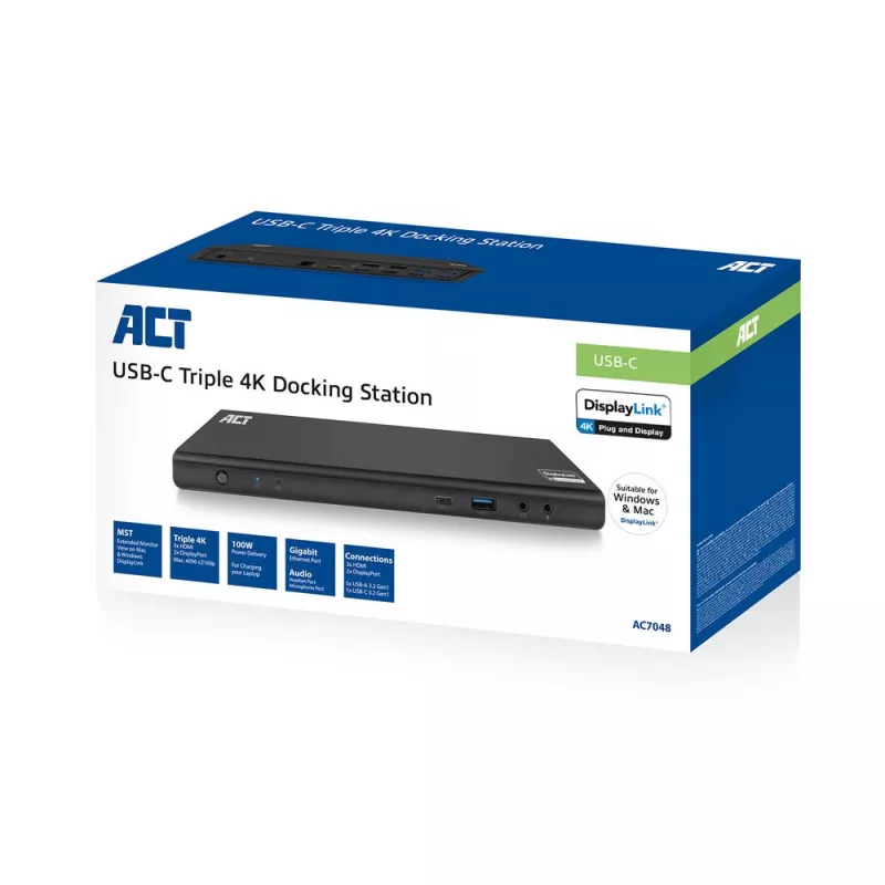 ACT USB-C dokavimo stotelė 4K, skirta 2 arba 3 HDMI/DisplayPort monitoriams, DisplayLink