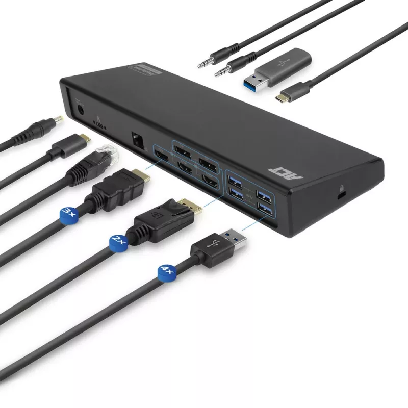 ACT USB-C dokavimo stotelė 4K, skirta 2 arba 3 HDMI/DisplayPort monitoriams, DisplayLink