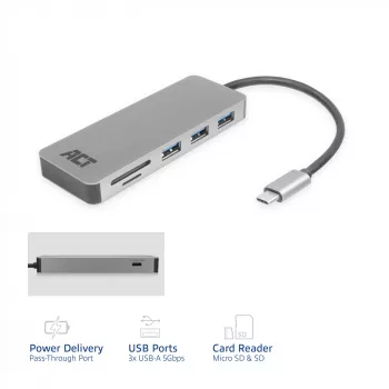 ACT USB-C stotelė 3.0, 3x USB-A, kortelių skaitytuvas, PD perdavimas