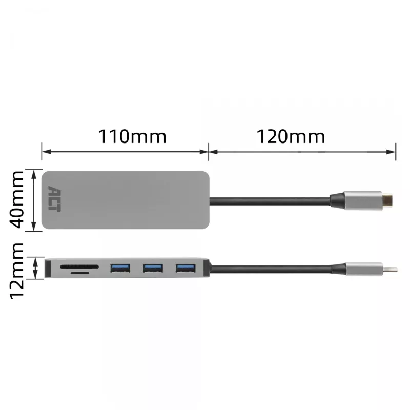 ACT USB-C stotelė 3.0, 3x USB-A, kortelių skaitytuvas, PD perdavimas