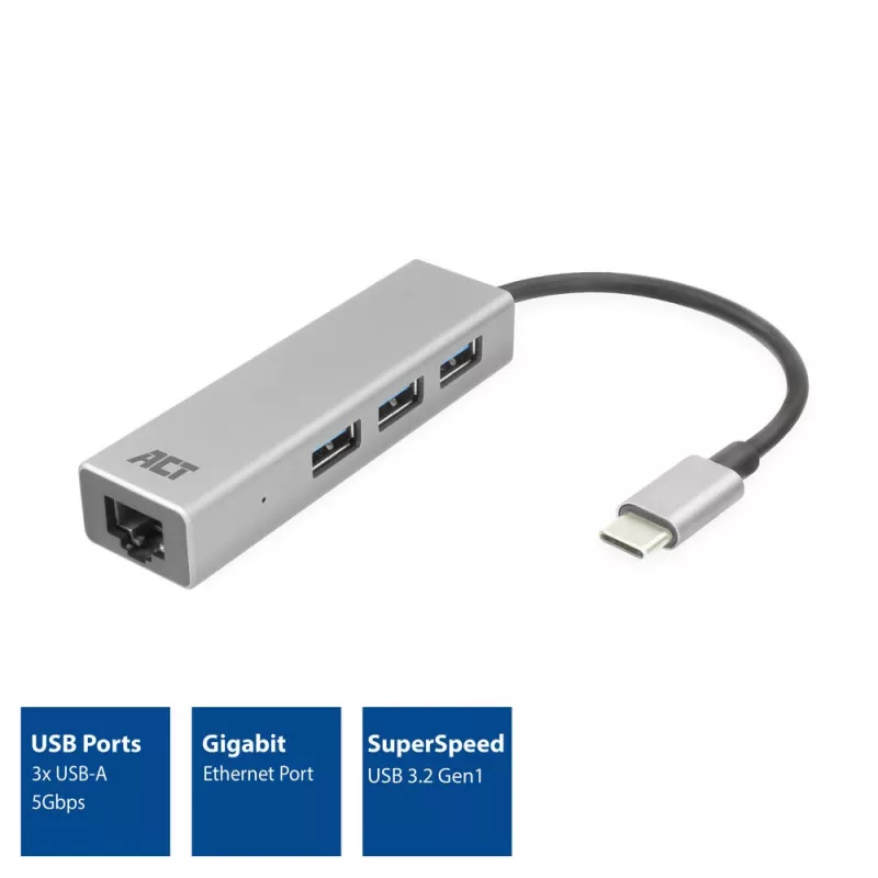 USB-C šakotuvas ACT AC7055 3x USB-A Gigabit Ethernet
